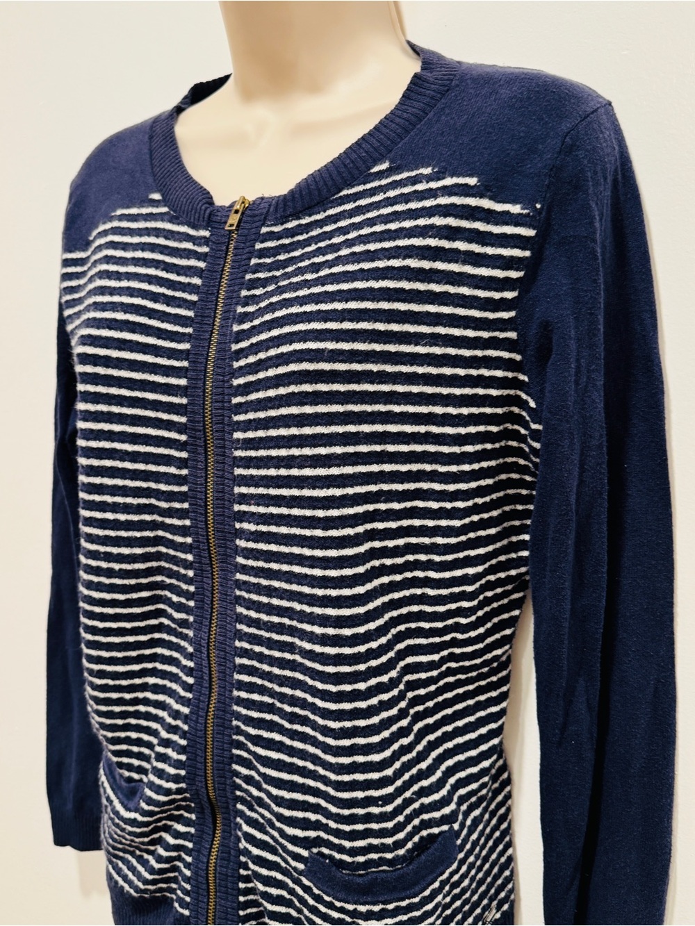 Tommy Hilfiger Navy & White Striped Zip Cardigan with Gold Zipper